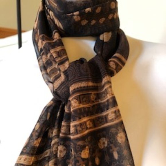 Echo Fringed 100% Silk Wrap/Scarf Brown+Tan Sz OS - Picture 3 of 5